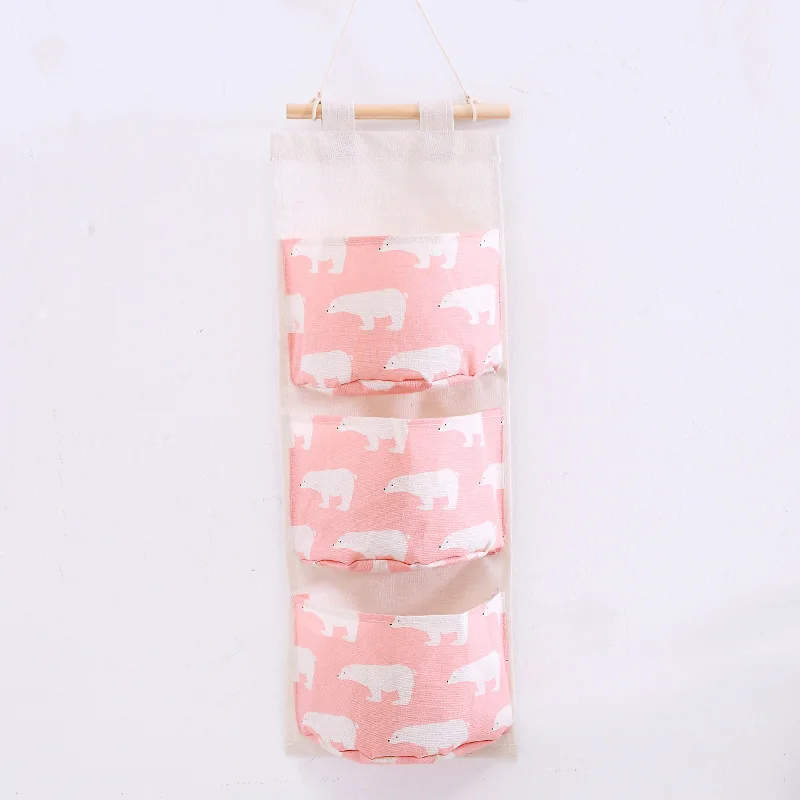Three Pockets Hanging Wall Storage Bag Household Bedroom Living Room Kitchen Cotton Linen Storage Bag - Image 3