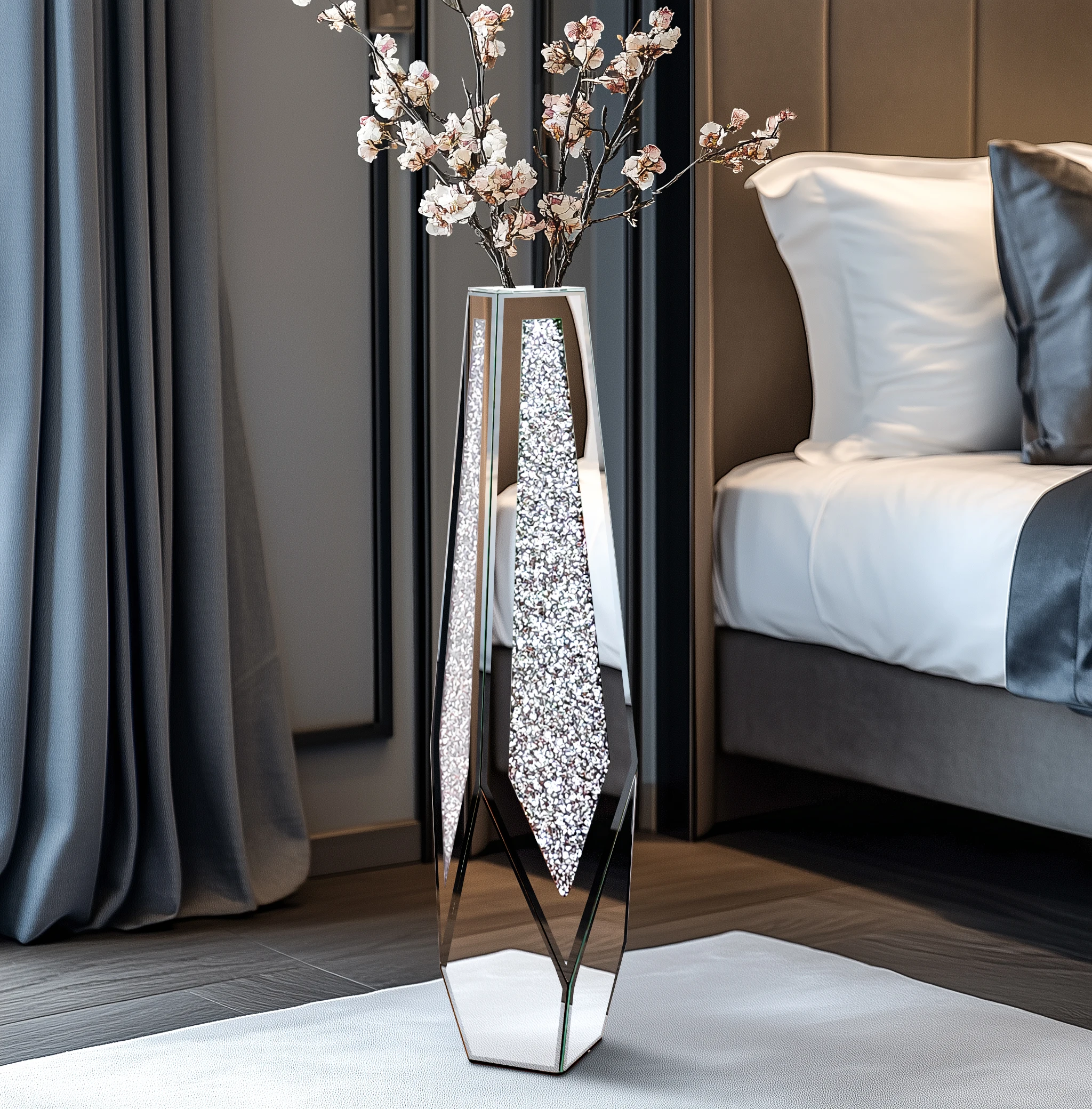 Tall Floor Mirror Vase, Large Crushed Diamond Glass Vase for Home Decor Modern Crystal Centerpiece for Living Room Wedding Hotel