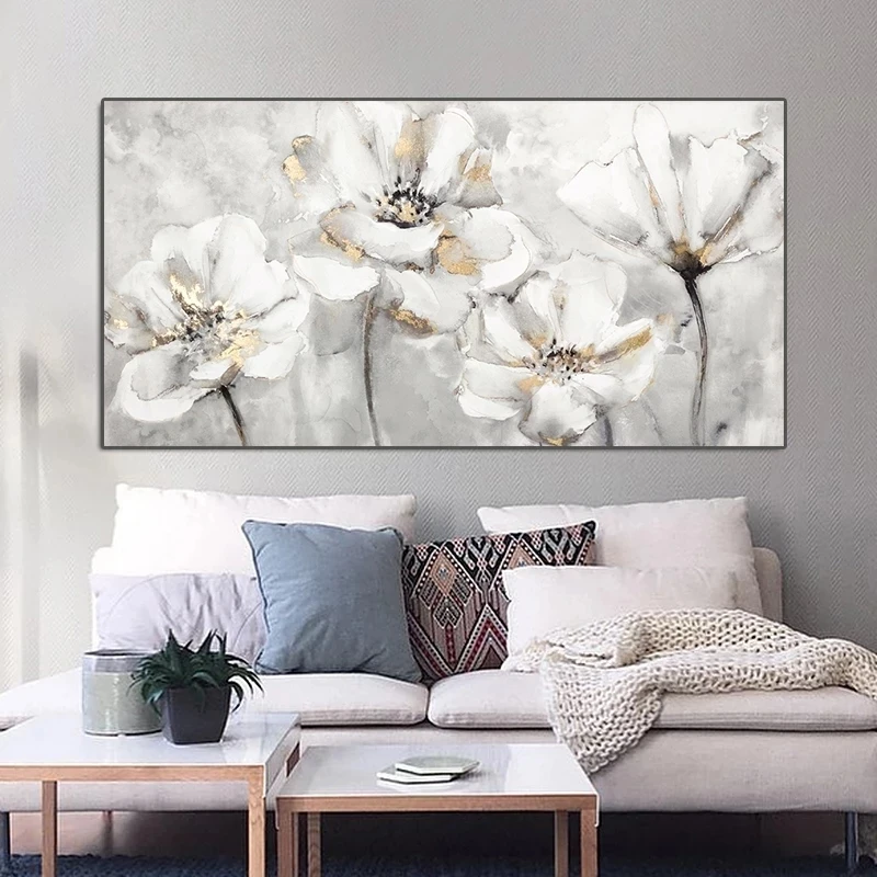 Abstract White and Golden Flower Canvas Painting Modern Prints and Posters Wall Art Pictures for Living Room Home Decor Unframed - Image 2