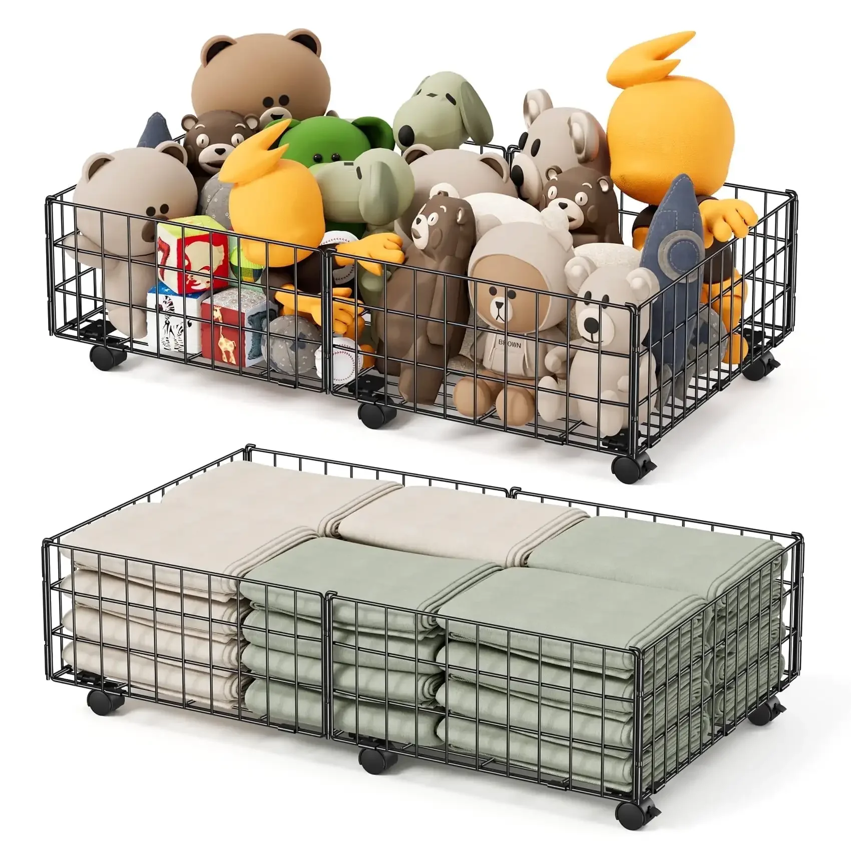 Under Bed Storage with Wheels, 2 Pack Living Room Bedroom Storage Organizers, Large Metal Under Bed Drawer Containers, Black