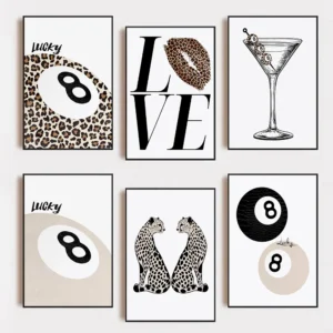 Funky Dirty Martini Cocktail & Leopard Lucky No.8 Ball Lipstick Kiss Poster Canvas Painting Wall Art Pictures Home Bar Decor