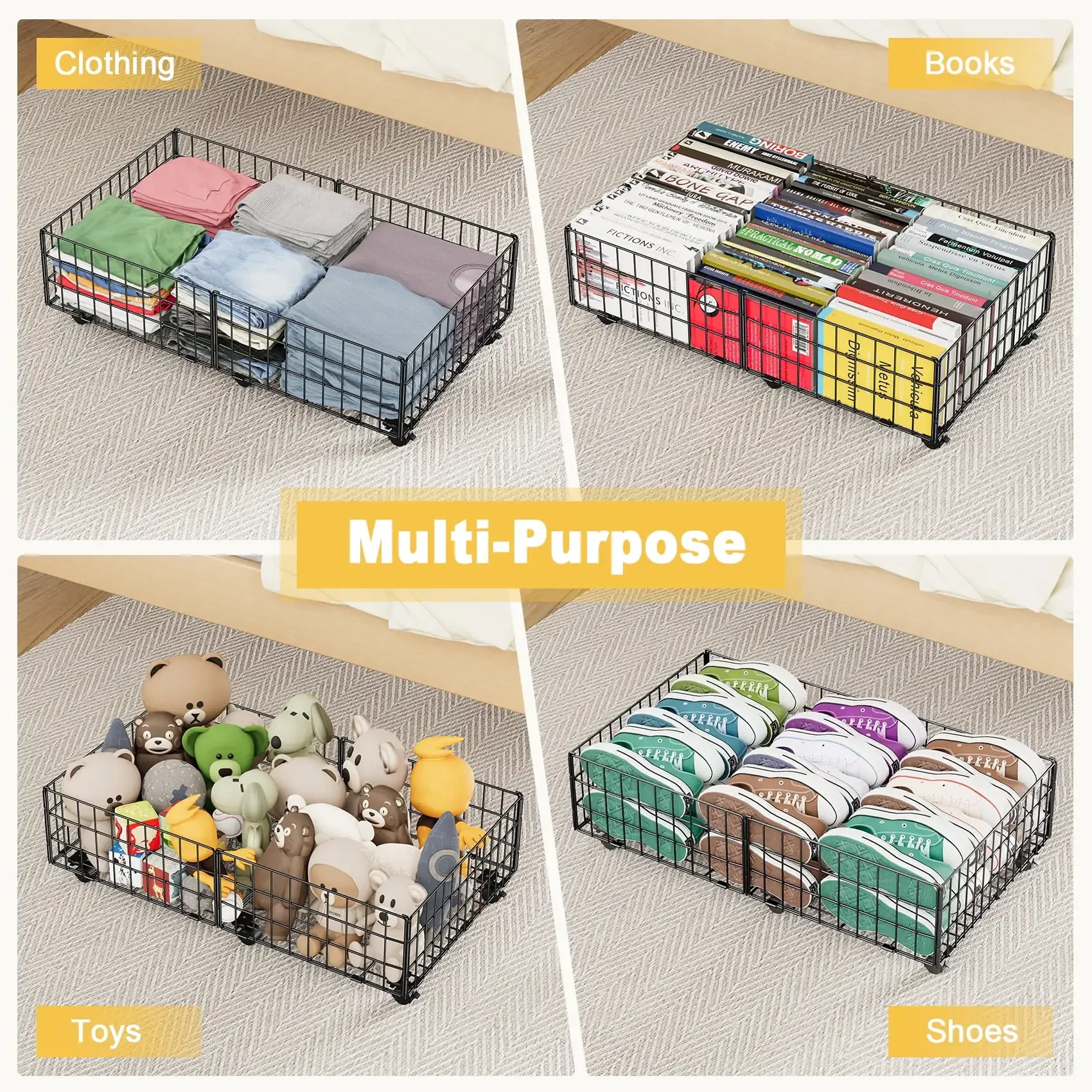 Under Bed Storage with Wheels, 2 Pack Living Room Bedroom Storage Organizers, Large Metal Under Bed Drawer Containers, Black - Image 5