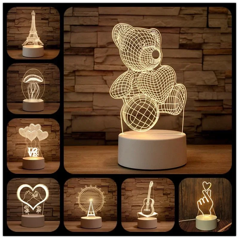 1pc USB Operated Night Light Creative 3D Acrylic Bedroom Bedside LED Table Lamp Ornaments Christmas Holiday Birthday Event Gift