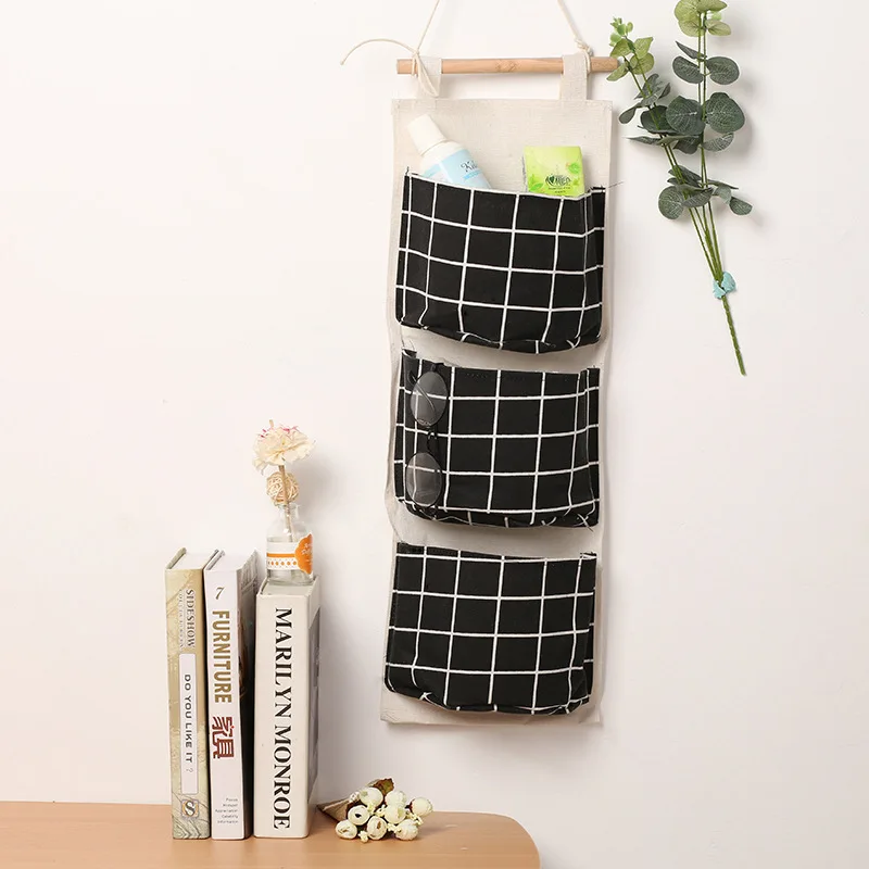 Three Pockets Hanging Wall Storage Bag Household Bedroom Living Room Kitchen Cotton Linen Storage Bag - Image 2
