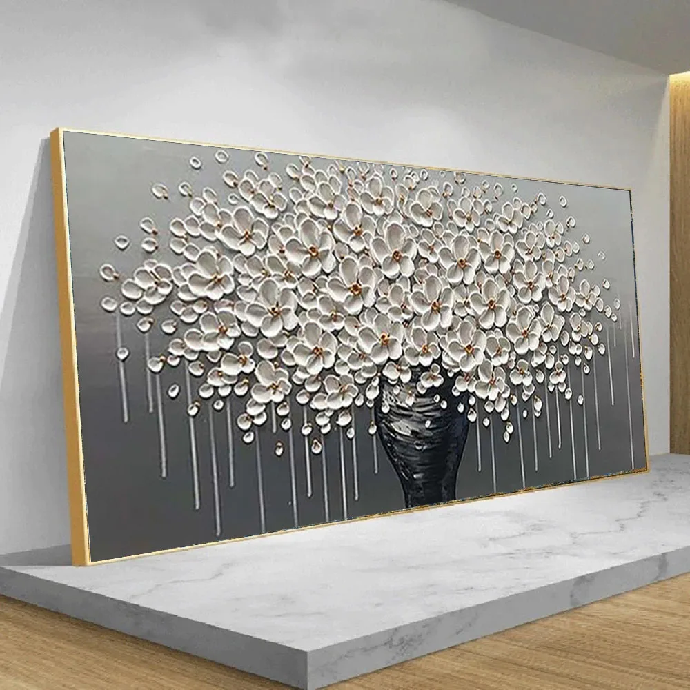 Abstract White and Golden Flower Canvas Painting Modern Prints and Posters Wall Art Pictures for Living Room Home Decor Unframed