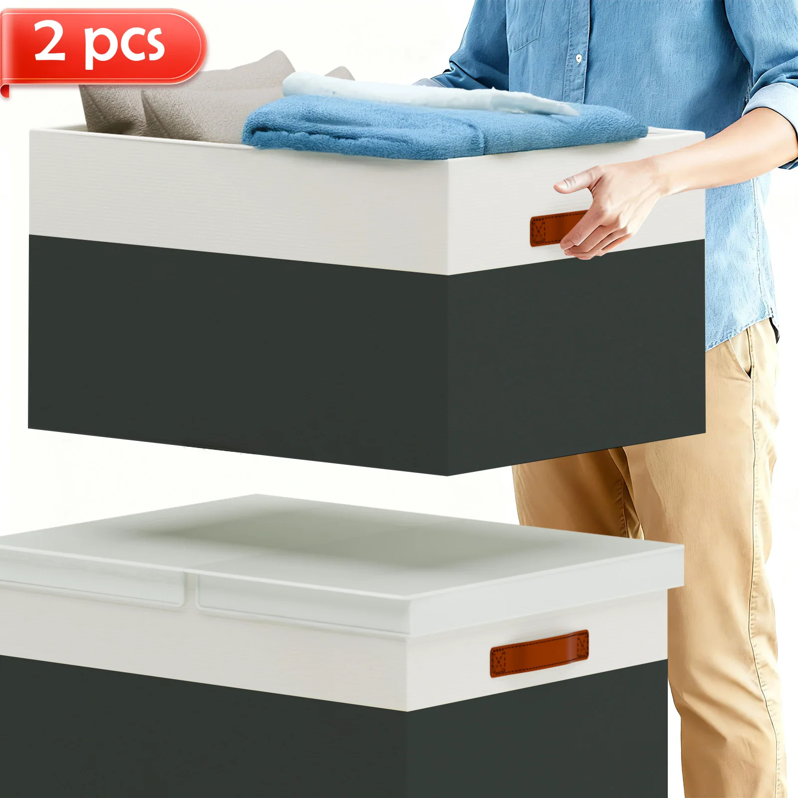 2-Pack Storage Box Bins with Lid Handles 70L Foldable Clothes Organization Dustproof 22"x16"x12" for Home Living Bedroom Closet